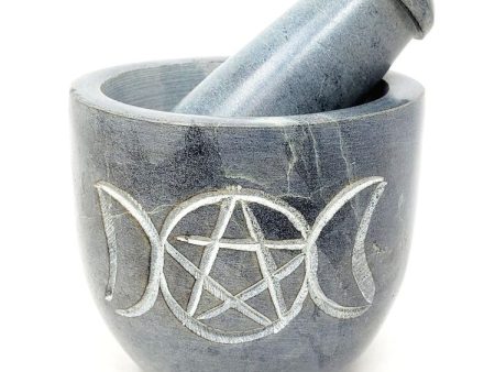 Triple Moon Pentagram Carved Soapstone Mortar & Pestle 2.75  High For Sale