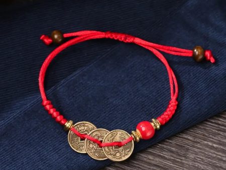 Chinese Braided Ancient Coins Charm Red Bracelet For Sale